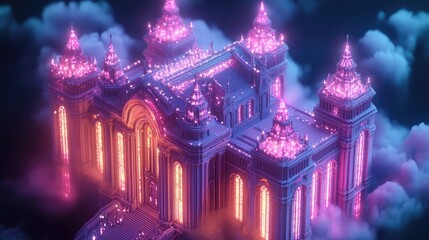 Obraz premium A majestic palace with glowing pink and orange lights, nestled among fluffy clouds.