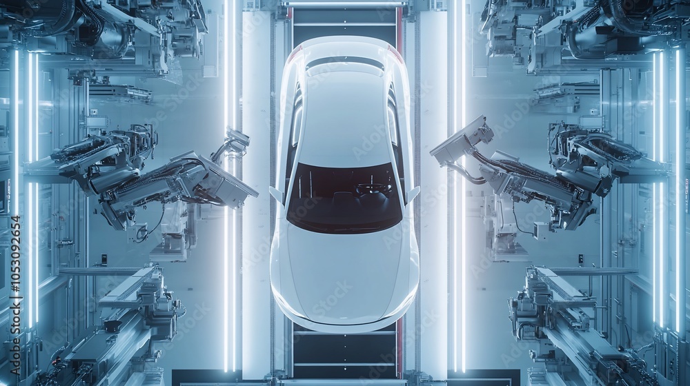 Poster a white car is being assembled on an automated assembly line in a factory.