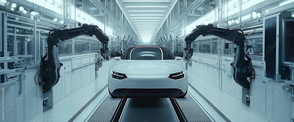 Poster a white car is being assembled on a production line in a modern factory, with two robotic arms on ei