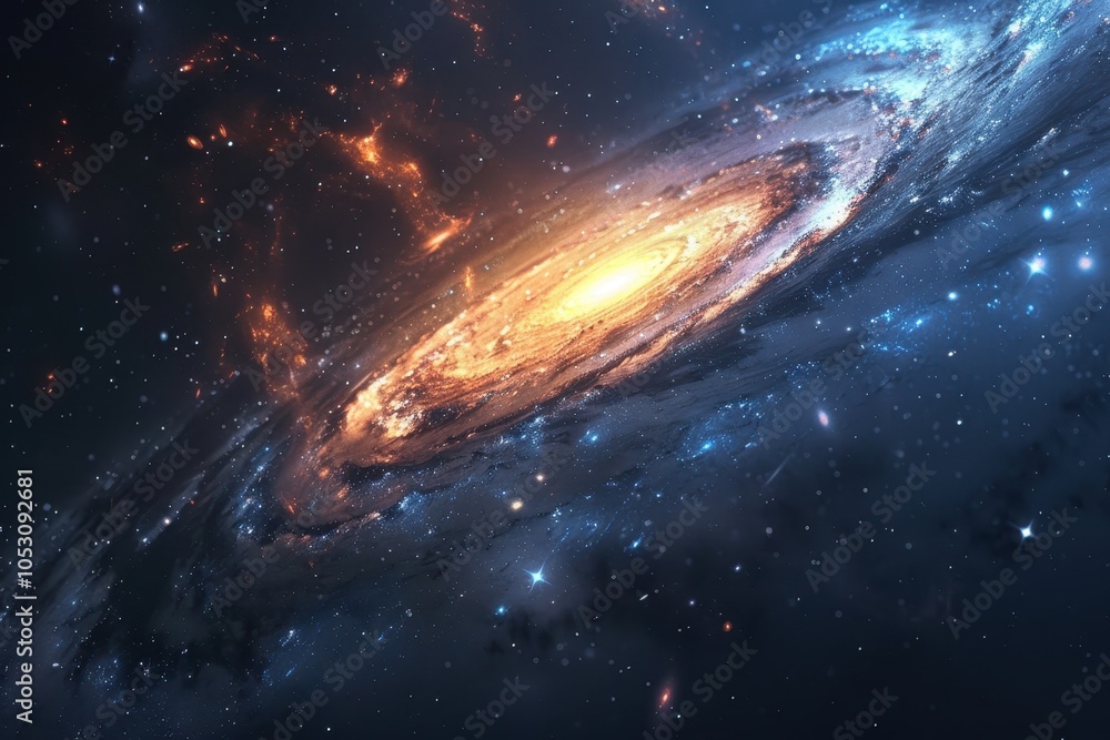 Wall mural glowing spiral galaxy with bright center and long, trailing arms in deep space.