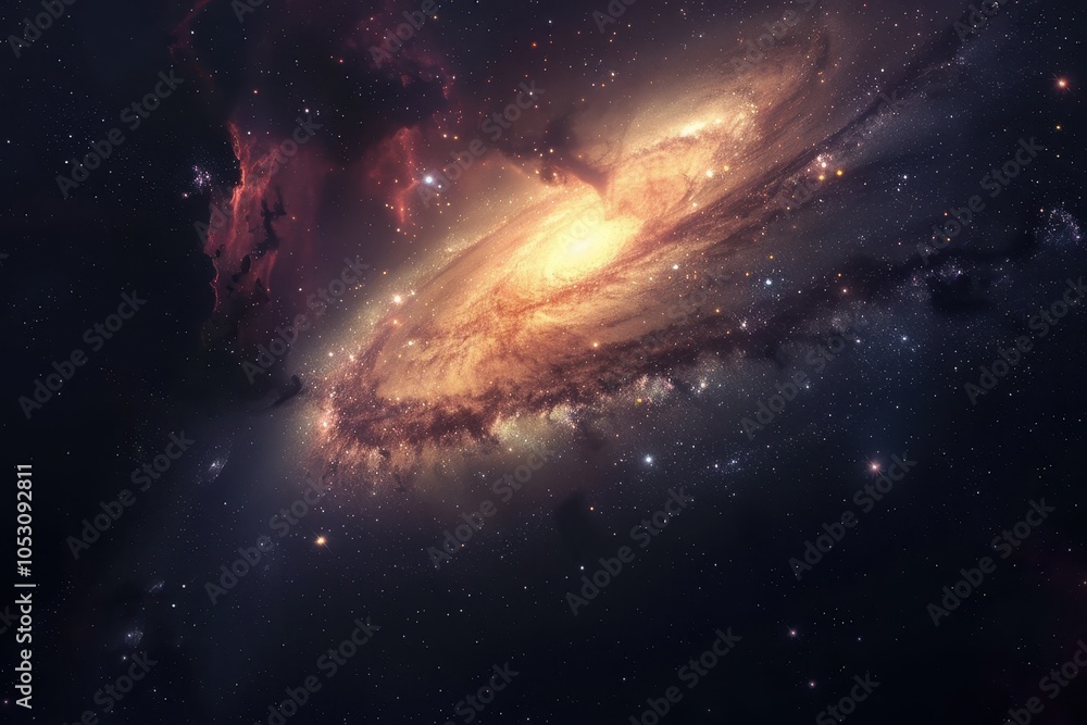 Wall mural glowing spiral galaxy with bright center and dust clouds in deep space.