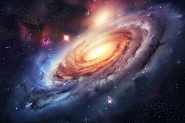 Glowing spiral galaxy with bright center and colorful swirling arms in deep space.