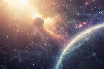 Planets and stars in the vastness of space create a beautiful and awe-inspiring scene.