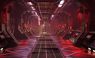 Damaged sci-fi space station corridor 3d render. No AI used