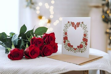 Valentine's day greeting card mockup along with rose flower bouquet on a table with decoration