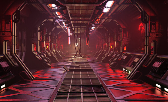 Damaged sci-fi space station corridor 3d render. No AI used