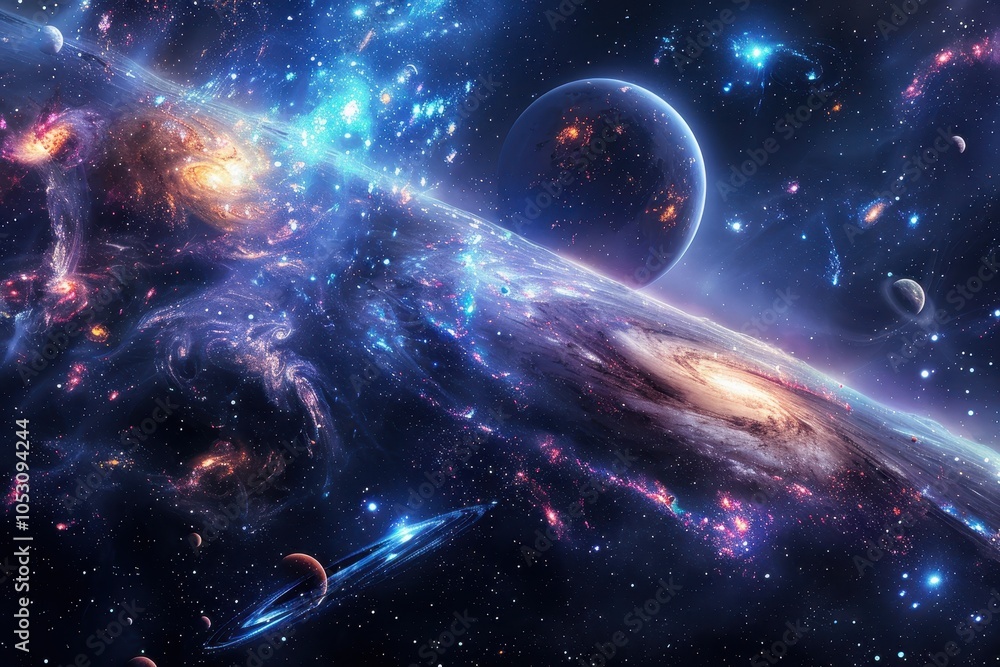 Wall mural breathtaking view of a distant planet and a magnificent nebula in deep space.
