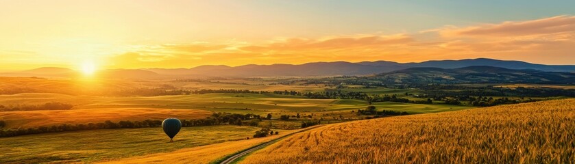 Fototapeta premium Stunning sunset over fields with a hot air balloon in the distance, offering a serene view of nature's beauty.