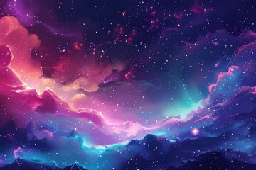 Colorful and vibrant digital painting of a starry night sky with pink, blue, and purple hues