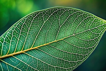 Obraz premium A close-up shot of a single eucalyptus leaf with intricate details and veins on a green background with natural light and subtle texture, aromatherapy, herbs, leaves