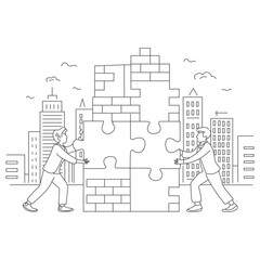 Continuous one line drawing of business people connecting jigsaw puzzle, working together, teamwork to solve problem concept, single line art.