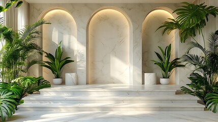 Fototapeta premium White marble stage platform with tropical greenery in luxury minimal setting