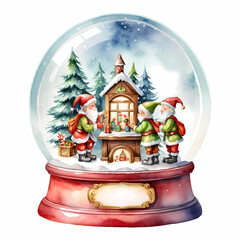 A hand-painted watercolor illustration of a snow globe featuring Santa Claus and two elves in a winter wonderland. 