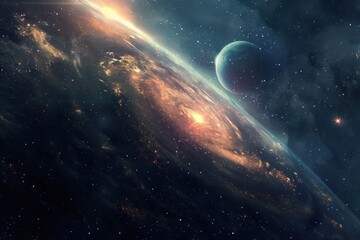 Glowing metropolis on a distant planet with a moon and stars in the background