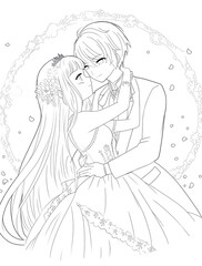 coloring page for kids, couple in wedding dress and suit hugging surrounded by flowers, anime style, thick lines