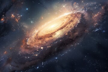 Majestic spiral galaxy in the deep cosmos, surrounded by stars and glowing gas clouds.