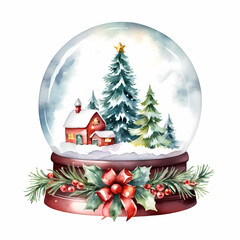The globe shows a small town with a red house, a Christmas tree, snow-covered trees and a snowy landscape.