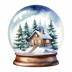 The cabin is made of wood and has a snow-covered roof. The globe is filled with pine trees and snow. 