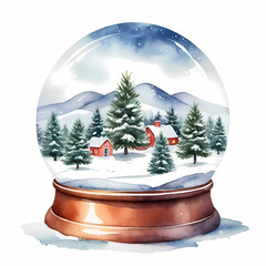A hand-painted watercolor illustration of a snow globe featuring a snowy winter landscape. The globe shows a small town with houses, a snowy forest, and mountains in the background. 