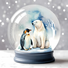 A hand-painted watercolor illustration of a snow globe featuring a penguin and a polar bear. The globe is blue and the animals are standing on a snowy landscape. 