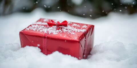 a christmas gift in red wrapping paper lying in the snow