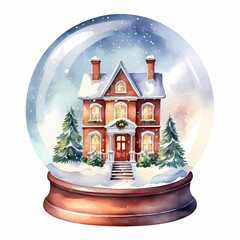 A hand-painted watercolor illustration of a snow globe featuring a charming Christmas house with a snow-covered roof, lighted windows, and a festive wreath on the door.