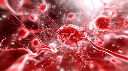 Vibrant abstract representation of neurons and cells in red tones, showcasing the beauty of biological structures and processes.