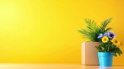 Vibrant flowers in blue pot beside a cardboard box against a sunny yellow background, perfect for spring and nature themes.