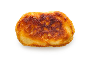 Fried homemade pancakes on a white background. Close-up of homemade pastries.