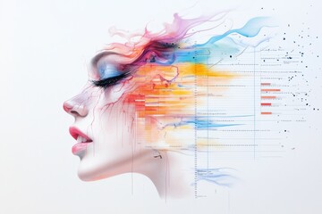Vibrant digital artwork showcasing a woman's profile with colorful brush strokes and abstract design elements, representing creativity.