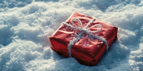a christmas gift in red wrapping paper lying in the snow