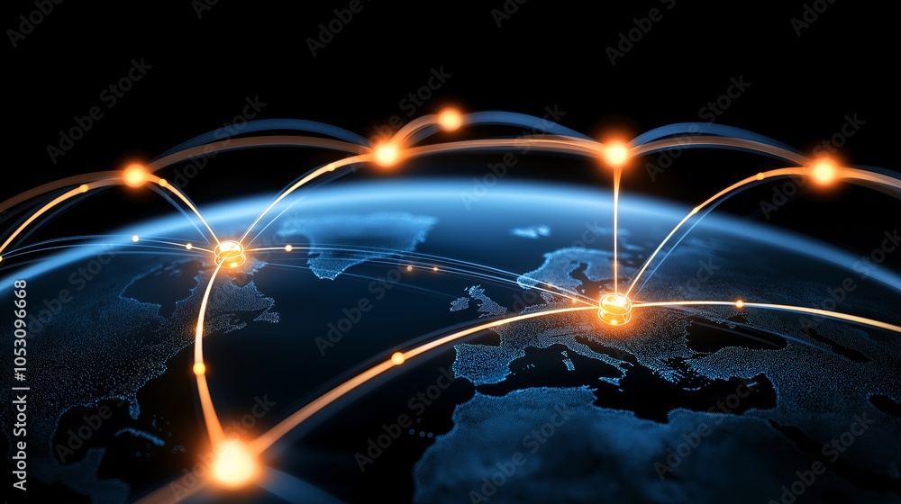 Poster global network: connecting the world: a striking image of a glowing network connecting various point