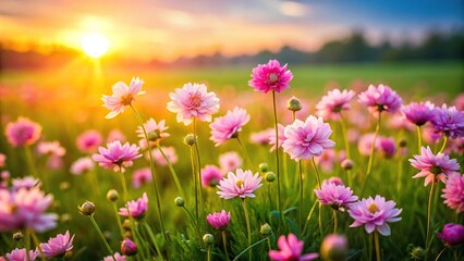 Obraz premium A cluster of delicate pink flowers blooming in a lush green meadow at sunset, pastel, petals, color