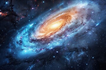 Glowing spiral galaxy with bright center and blue dust in deep space.