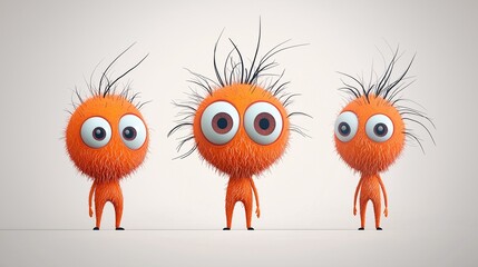 Obraz premium Fuzzy Friends: Three adorable, cartoon-like creatures with bright eyes and fluffy orange fur stand in a row, conveying a sense of playful companionship and childlike wonder.