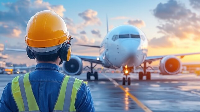 Worker in safety gear watches airplane at sunset on the runway, indicating dedication to aviation and safety in the airport environment.