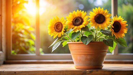 Obraz premium A cluster of small sunflowers in a terracotta pot on a sunny windowsill, with a hint of greenery and a few scattered leaves, flowers, houseplant