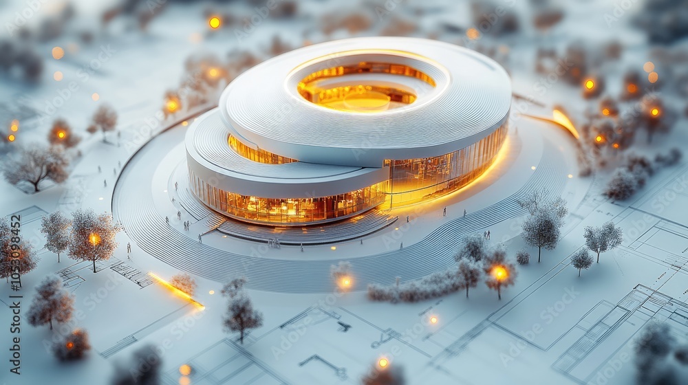 Poster a futuristic building with a circular design, surrounded by trees and lights.