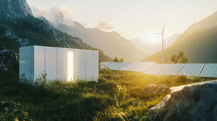 "Renewable Energy Landscape with Wind Turbines and Solar Panels"
