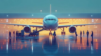Fototapeta premium Flat illustration of passengers boarding a large commercial airplane via a jet bridge, with luggage and airport staff assisting, capturing the excitement of travel and the efficiency of civil aviation