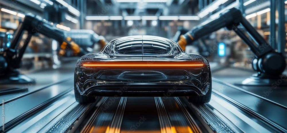 Poster black sports car on an automated assembly line in a factory.