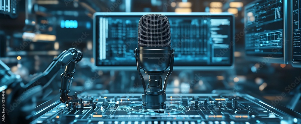 Poster Closeup of a futuristic microphone in a high-tech studio with robotic arm and computer screens.