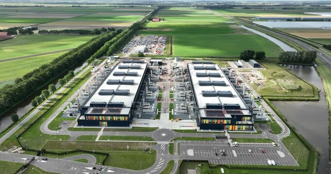 Aerial footage of the new constructed data center AMS 13 and AMS 14 in Middenmeer, The Netherlands