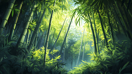 A dense grove of bamboo stalks, sunlight filtering through the leaves, creating a mystical atmosphere. Dense Bamboo Grove. Illustration