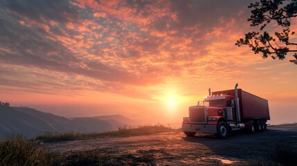 Fototapeta premium A truck parked on a scenic overlook during sunset, surrounded by vibrant skies and serene landscapes.