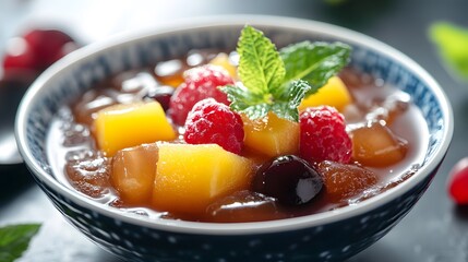 A bowl of anmitsu, a traditional Japanese dessert with agar jelly, fruit, and sweet red bean paste.



