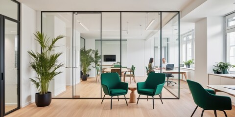 Fototapeta premium Modern open plan office space, minimalist design, glass partition walls, wooden floors, green velvet armchairs, indoor plants, white brick walls, natural lighting, sleek furniture, contemporary worksp