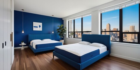 Modern bedroom interior, navy blue accent wall, three white beds, pendant lights, large windows, city view, hardwood floor, potted plant, minimalist design, contemporary decor, spacious room, white wa