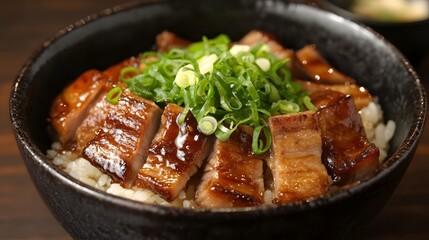 Fototapeta premium A bowl of chashu don, rice topped with slices of braised pork belly and green onions.