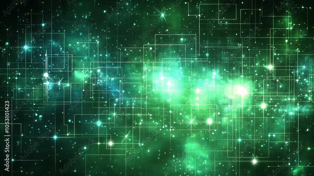 Poster vibrant green abstract background with dynamic star and square arrangement